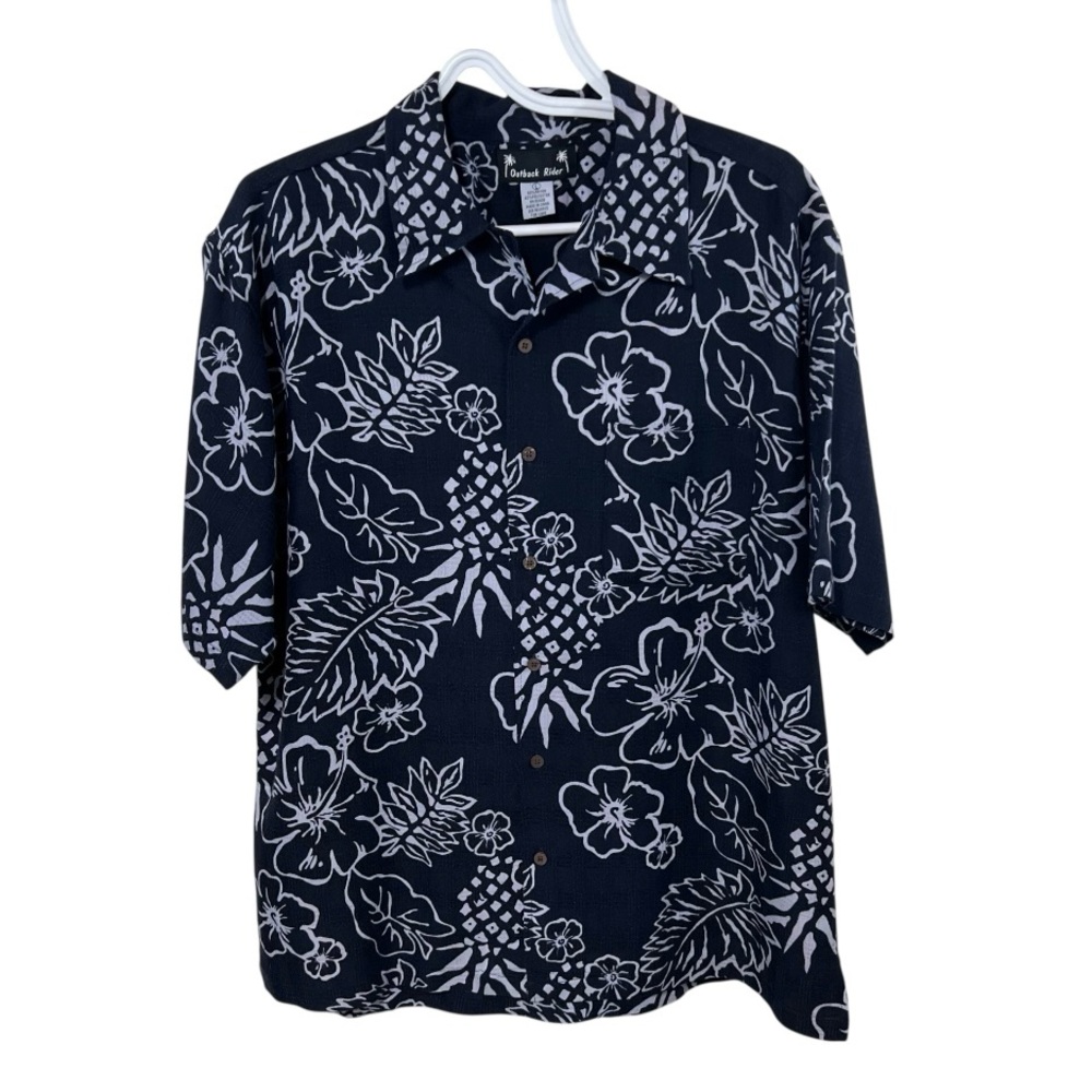 Outback Rider Mens Large Blue & White Floral Palm Leaf Hawaiian Button Up Shirt
